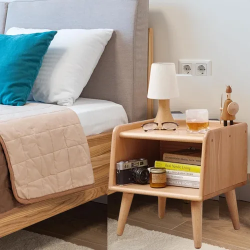 Vista 2 de Mesita de noche pequeña, mesa de noche 100% madera de roble macizo, mesita de noche moderna de mediados de siglo con almacenamiento abierto, armario