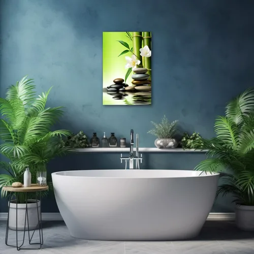 Vista 4 de LZIMU Arte de pared zen para decoración de baño, piedra zen, bambú y flores blancas, impresiones en lienzo de meditación zen para yoga, decoración