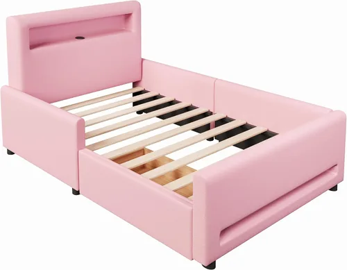 Vista 9 de Base de cama tapizada de tamaño individual con cajón de almacenamiento y cabecera de estante, cama suave de piel sintética con luz LED, carga USB