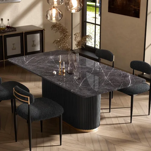 Vista 18 de Juego de mesa de comedor moderno Morden Fort para 4, mesa de cocina de 70" con tapa rectangular de mármol y base estriada negra, 4 sillas tapizadas