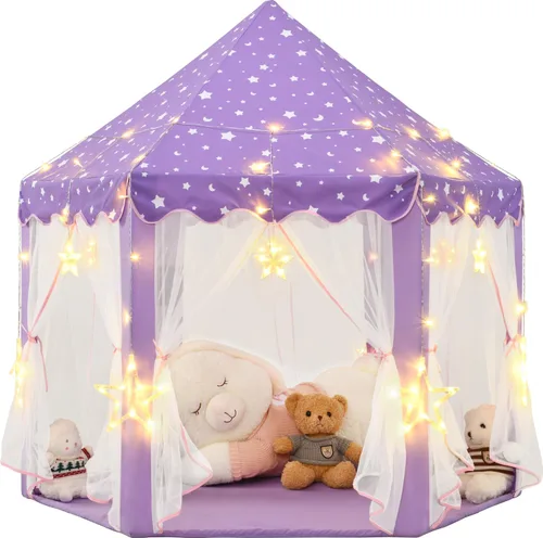 Vista 8 de Tienda de campaña de princesa púrpura para niñas, tienda de campaña para niños con luces LED de estrellas pequeñas, tienda de casa