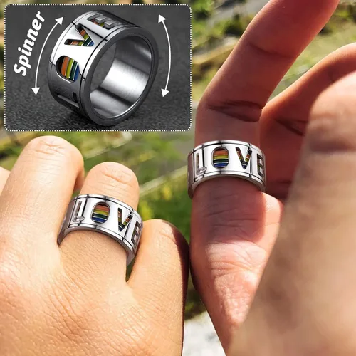 Vista 23 de FaithHeart Anillos para ansiedad LGBT Pride Rainbow, acero inoxidable/chapado en oro de 18 quilates, joyería de amor es amor para hombres y mujeres