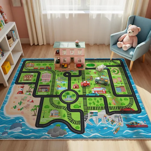 Vista 11 de Alfombra de Juego Redonda de 3.3 pies para Niños con Carreteras de la Ciudad - Alfombra de Lana Sintética Antideslizante con Diseño Interactivo