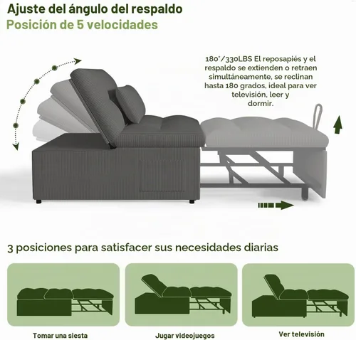 Vista 4 de Silla Cama Convertible 4 en 1 con Respaldo Ajustable, Almohadas, Sofá Cama Futón con Bolsillo Lateral, Silla Sofá Cama Desplegable, Sofás