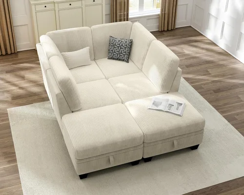 Vista 34 de CHIC HOUSE Sofá modular modular con otomanas de almacenamiento, sofá de pana para espacios pequeños y apartamentos, sofá esquinero convertible
