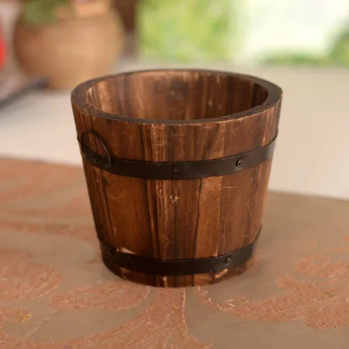 Vista 7 de 1 maceta rústica de madera con forma de barril, para patio, jardín, patio trasero, decoración del hogar