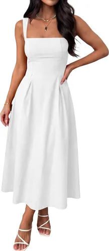 Vista 11 de ANRABESS Vestido de verano para mujer, para invitada de boda, cuello cuadrado, acampanado, sin mangas, fluido, elegante, formal, cóctel, fiesta