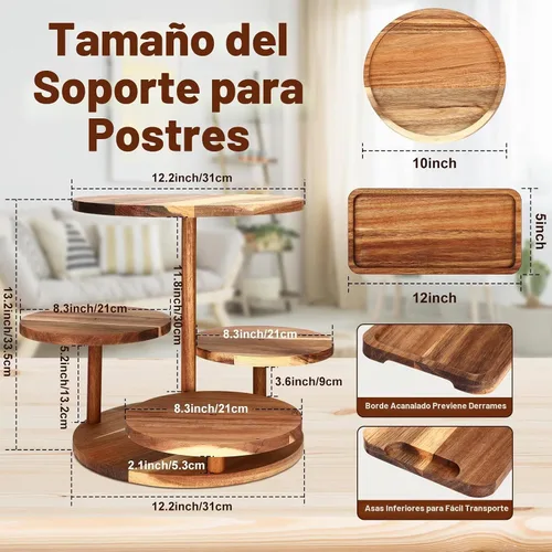Vista 3 de Hushee Juego de 4 soportes redondos de madera para cupcakes con bandejas para servir, bandeja de madera de 4 niveles para pasteles con 1 plato