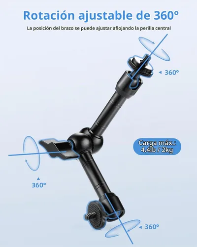 Vista 3 de UTEBIT Brazo mágico de 9 pulgadas con súper abrazadera y cabezas de bola de 360°, color negro