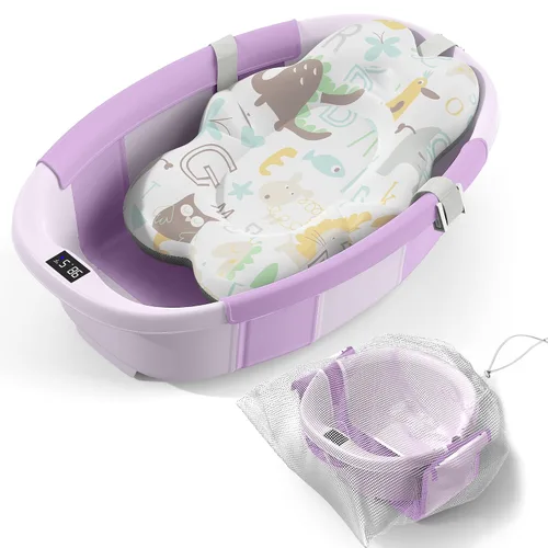 Vista 10 de Bañera Plegable para Bebé - Bañera Grande para Bebé con Termómetro y Cojín Bañera Portátil de Viaje para Recién Nacidos e Infantes Bañera Azul