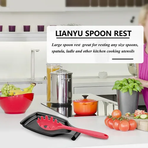 Vista 3 de LIANYU Soporte de cuchara negro para encimera de cocina, cuchara de acero inoxidable para estufa, soporte para utensilios de espátula con parte
