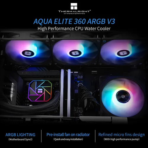 Vista 2 de Thermalright Aqua Elite 360 V3 - Enfriador líquido de CPU, tamaño de fila de enfriamiento 360, 3 ventiladores PWM de 4.724 in, rodamientos S-FDB