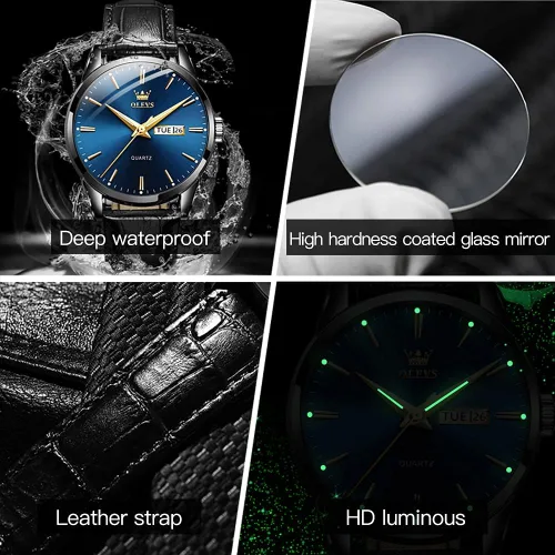 Vista 4 de OLEVS Amazon Watches, reloj de cuero marrón para hombre, reloj de fecha para hombre, reloj luminoso para hombre, reloj de vestir para hombre, reloj