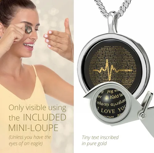 Vista 4 de NanoStyle Collar de latido de corazón para hombre en más de 100 idiomas dije de regalo para el día de San Valentín oro puro con inscripciones