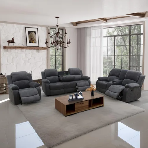 Vista 50 de Juego de muebles de sala de estar, juego de sofá reclinable de cuero, sofá reclinable y sofá biplaza, juego de sofá de cuero beige, juego de muebles