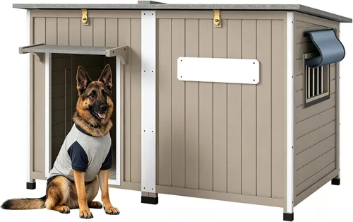 Vista 12 de PetsCosset Casa para perros al aire libre de 20.5 pulgadas de largo con techo de asfalto impermeable para perros pequeños a medianos, perrera grande