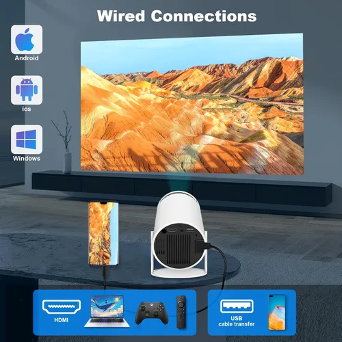 Vista 4 de HY300 PRO MINI proyector, proyector portátil, compatible con 4K 1080P con doble banda WIFI6 5G inalámbrico 5.0 Bluetooth Android 11, 180° giratorio