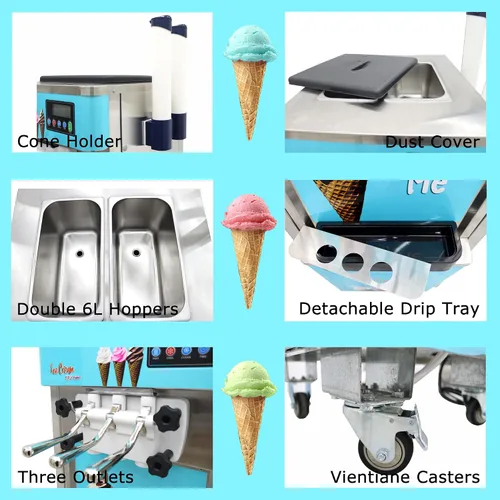 Vista 5 de Máquina de helado de servicio suave comercial 3 sabores de acero inoxidable 110 V 1800 W 20-30L/H Fabricantes de helados de pie Panel LCD