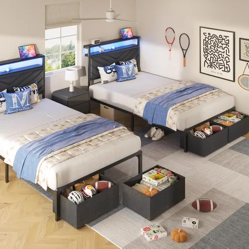 Vista 6 de HISOFT Twin Bed Frame with Charging Station, LED Lights & 2 Storage Drawers, Black Platform Bed with Upholstered Headboard, Under-Bed Storage, No