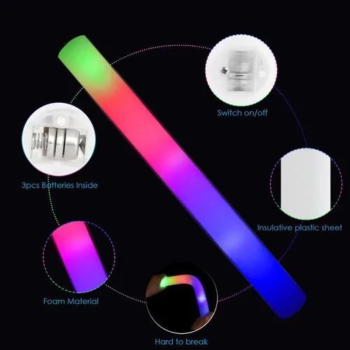 Vista 2 de 24 varillas de espuma iluminadas, bastones de espuma LED brillantes con 3 modos de efecto intermitente colorido, brillan en la oscuridad