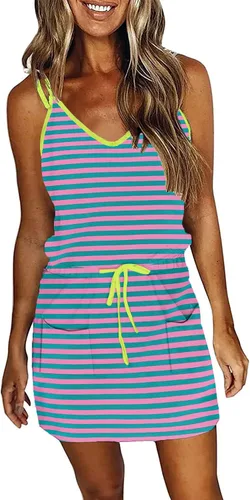 Vista 18 de Vestido de verano a rayas para mujer, sin mangas, con tirantes halter y bolsillos