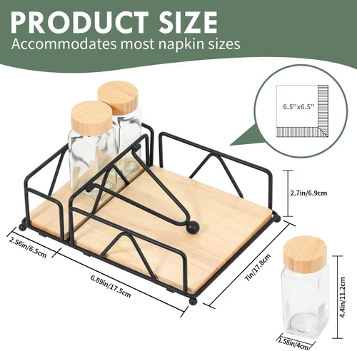 Vista 2 de Juego de 4 servilletas de metal con salero y pimentero, base de madera, moderno servilletero plano para mesa, decoración de mesa de cocina, cóctel