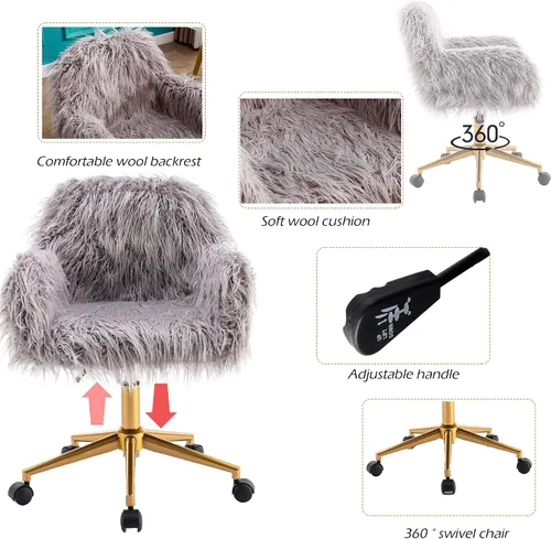 Vista 4 de KCC Silla de escritorio de oficina esponjosa, silla giratoria moderna de pelo sintético con ruedas, sillas de acento suaves, cómodas, elegantes