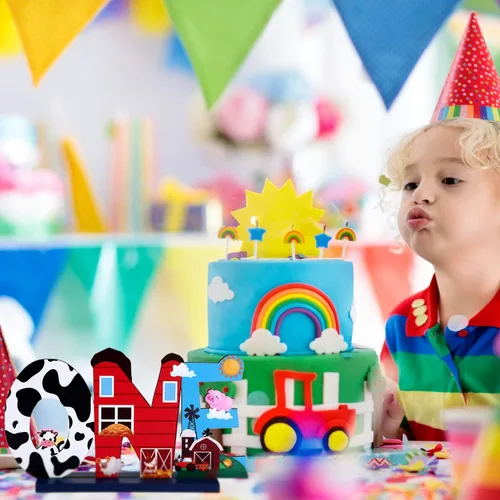 Vista 6 de Decoraciones de primer cumpleaños de animales de granja, centro de mesa de madera para niño o niña, decoración de fiesta de primer cumpleaños