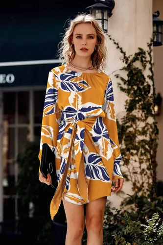Vista 5 de PRETTYGARDEN Vestido de satén de primavera para mujer, manga larga, lazo en la cintura, elegante, cóctel, fiesta, mini vestidos de otoño