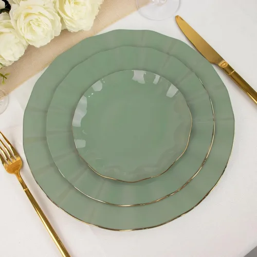 Vista 92 de Tableclothsfactory Paquete de 10 platos redondos de plástico negro de 6 pulgadas para ensalada de postre, platos desechables con borde ondulado