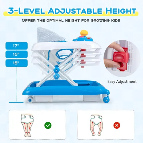 Vista 3 de BABY JOY Andador de bebé, caminador de actividad plegable 4 en 1 con altura ajustable, música, luces, caminador de empuje antivuelco para niños