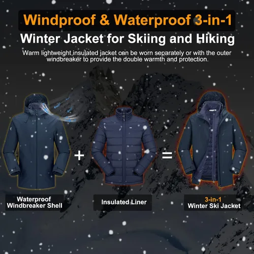 Vista 9 de 33,000ft Chaqueta de esquí impermeable 3 en 1 para hombre, chaqueta de esquí cálida de montaña, chaqueta de lluvia para nieve, abrigo de invierno