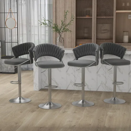 Vista 26 de Juego de 2 taburetes de bar giratorios de 360° con respaldo alto, silla de bar de terciopelo ajustable moderna de altura de mostrador, taburete