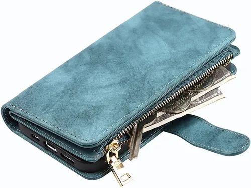 Vista 4 de Funda para iPhone 13/14 con tarjetero para mujeres y hombres, con soporte para iPhone 14 con correa de hombro, funda de piel con cremallera y Cordón