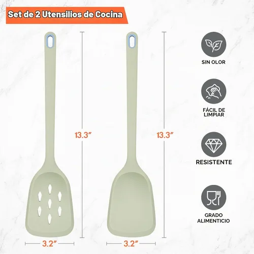 Vista 6 de Juego de 2 espátulas de silicona, resistentes al calor, sólidas y ranuradas Verde