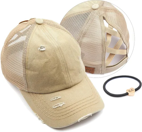Vista 58 de C.C Gorra de béisbol de malla con diseño de estrella brillante, gorra de camionero ajustable para moño o cola de caballo Una banda elástica-negro