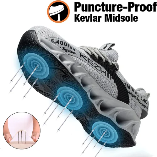 Vista 3 de Kezhiho Zapatos con punta de acero para hombre, ligeros, cómodos, transpirables, a prueba de pinchazos, antideslizantes, a la moda, zapatos