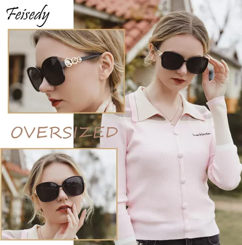 Vista 2 de FEISEDY Gafas de sol de moda para mujer, marco cuadrado de gran tamaño con perlas brillantes, protección UV polarizada B2821