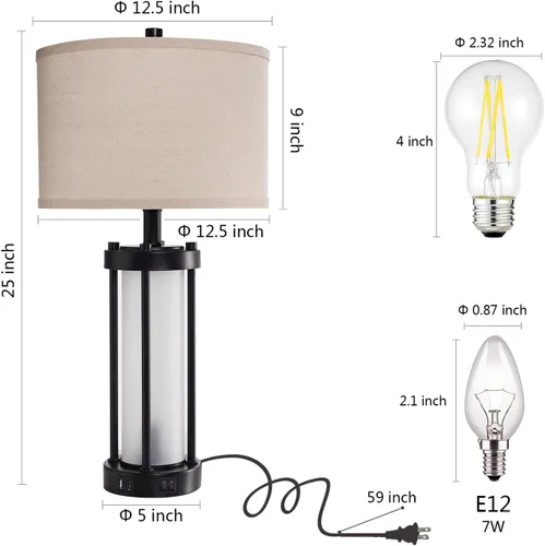Vista 6 de Lámparas de mesa modernas para sala de estar, lámparas industriales de mesita con 2 puertos USB, lámpara rústica de mesita con luz nocturna