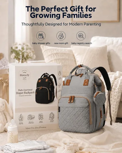 Vista 8 de houscly Mochila para pañales con cambiador: bolsas de bebé de viaje negras para niñas y niños, pañaleras para bebe, artículos esenciales para recién
