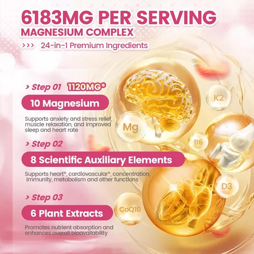 Vista 3 de Complejo de magnesio 14 en 1 para mujeres y hombres, 2600 mg por porción, gomitas de sabor fresa con glicinato de magnesio, CoQ10, vitamina D3 K2