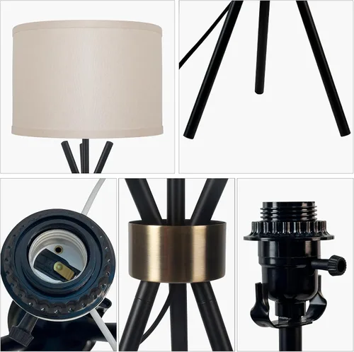 Vista 4 de Lámpara de mesa con trípode, cuerpo de metal con pantalla de tambor de lino, lámpara de mesa alta para dormitorio con enchufe E26, ideal para sala