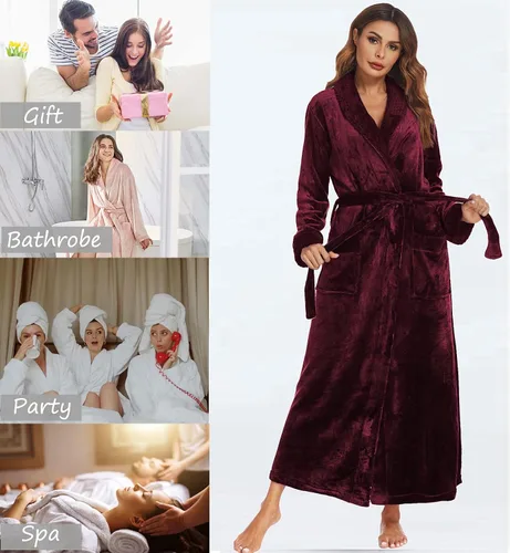Vista 3 de Ekouaer Bata de forro polar para mujer bata larga de baño de felpa con cuello chal ropa de dormir de longitud completa con bolsillos