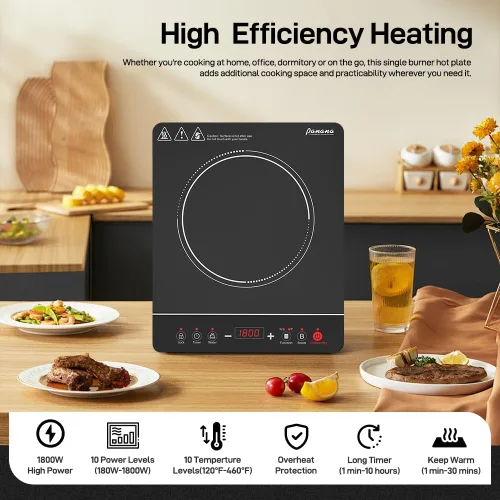 Vista 5 de Panana - Cocina de inducción portátil, placa de cocción de 1800 W, quemador de encimera, 10 niveles de temperatura, temporizador, apagado