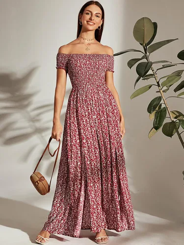 Vista 5 de MakeMeChic Vestido largo de verano con estampado floral bohemio y hombros descubiertos para mujer