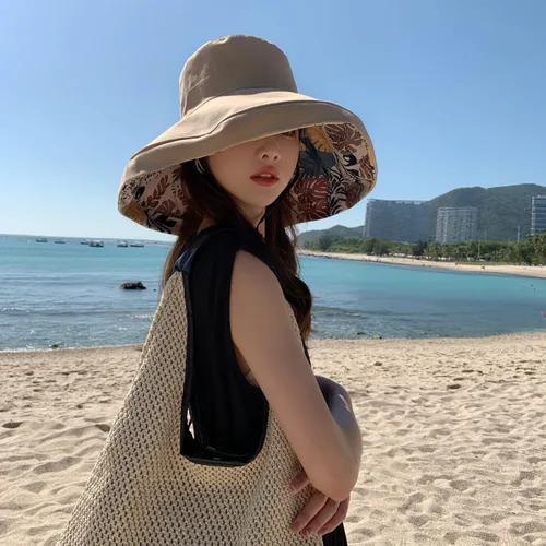 Vista 58 de Sombrero de sol de ala súper ancha para mujer, de algodón, plegable, reversible, con borde con cable, protección UV, verano, playa, viajes, jardín