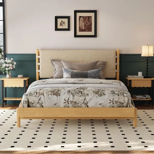 Vista 11 de Merax Moderno juego de base de cama Queen con 2 mesitas de noche, cama de plataforma de madera beige con cabecero y mesitas de noche a juego