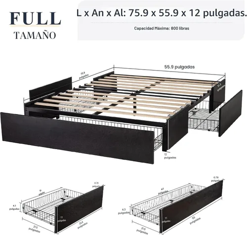 Vista 2 de Marco de cama Allewie tamaño matrimonial con plataforma y 3 cajones de almacenamiento, tapizado en piel sintética, soporte de listones de madera,