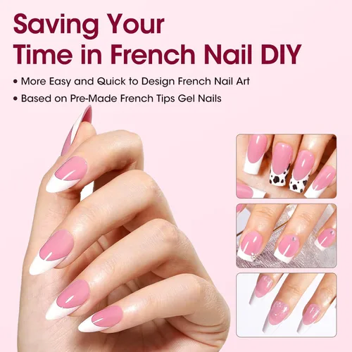 Vista 3 de Gellen Uñas postizas a presión con punta francesa de almendra, color rosa