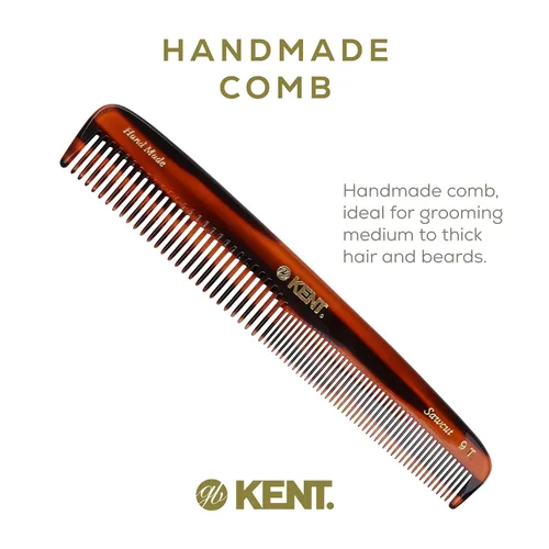 Vista 3 de Kent 9T Peine de dientes finos y dientes anchos de caparazón de tortuga - Gran peine de vestir de cabello fino hecho a mano y cortado con sierra